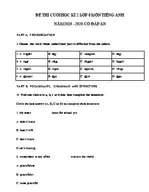 Đề thi cuối học kỳ II môn Tiếng Anh Khối 6 - Năm học 2019-2020 (Có đáp án)